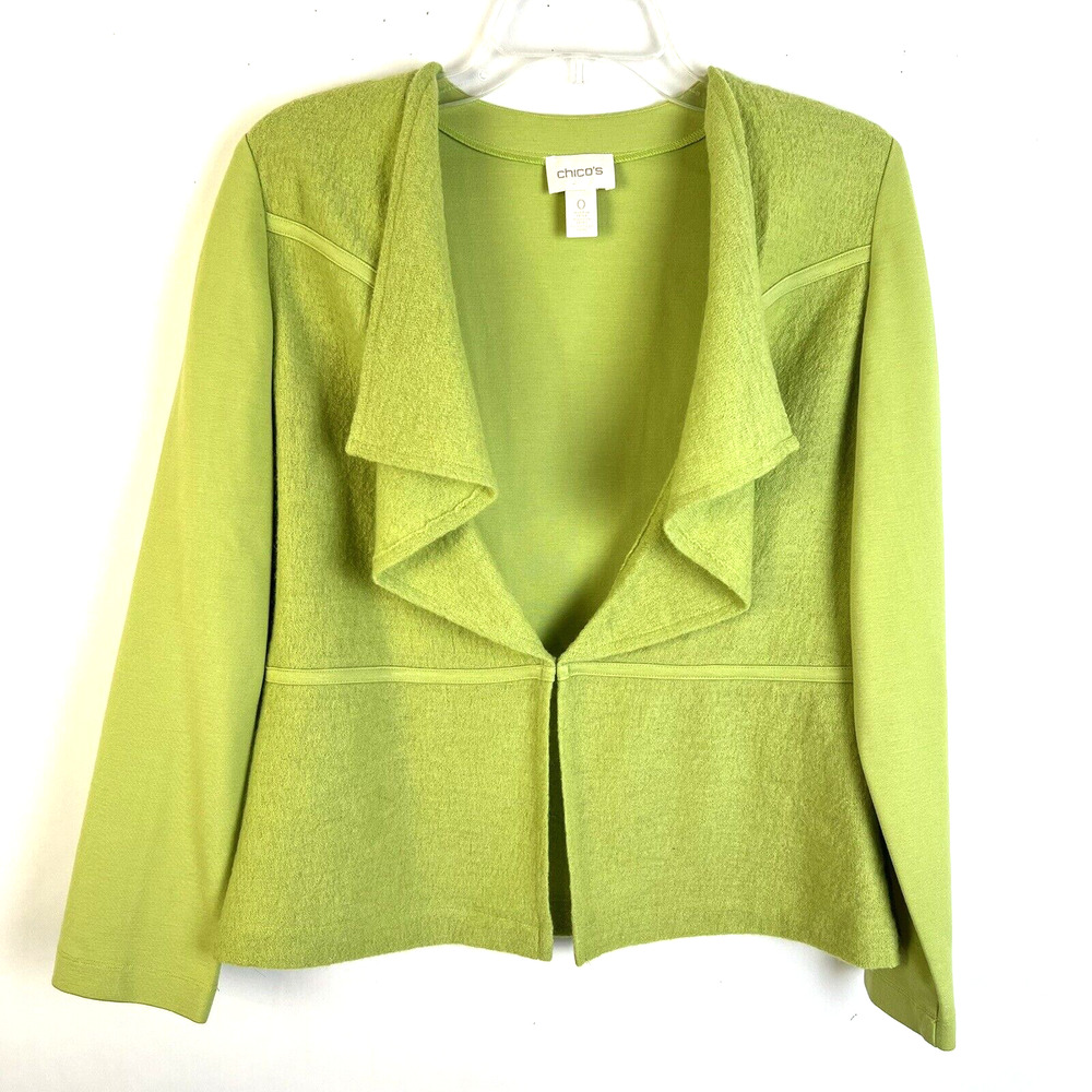 Chico's Waterfall Ruffle Front Jacket Women's Small Green Wool Career Casual